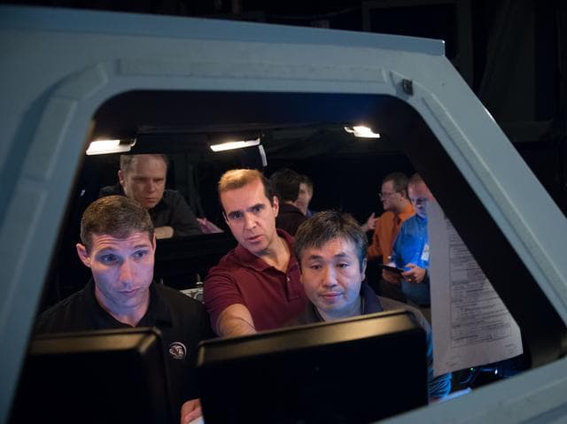 NASA image: Expedition 39 (Soyuz 37) crew members in the building 16 dome