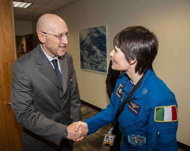 NASA image: PHOTO DATE:  06-15-15.LOCATION: Bldg. 2south, Studio B.SUBJECT: ESA Astronaut Samantha Chrisoforetti and the Italian Deputy Ambassador and Consul General to the United States.PHOTOGRAPHER: BILL STAFFORD