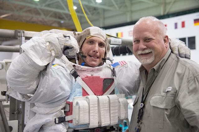 NASA image: PHOTO DATE:  08-31-15.LOCATION:  NBL - Pool Topside .SUBJECT: Expedition 51/52 (Soyuz 50) astronaut Mark Vande Hei during ISS EVA Maintenance 1  training..PHOTOGRAPHER:  BILL STAFFORD