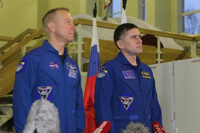 NASA image: At the Gagarin Cosmonaut Training Center in Star City, Russia, Expedition 46-47 prime crewmembers Tim Kopra of NASA (left) and Yuri Malenchenko of the Russian Federal Space Agency (Roscosmos, right) answer reporters��� questions Nov. 19 at the start of two days of qualification exams. Along with Tim Peake of the European Space Agency, they will launch Dec. 15 in the Soyuz TMA-19M spacecraft from the Baikonur Cosmodrome in Kazakhstan for a six-month mission on the International Space Station..NASA/Seth Marcantel