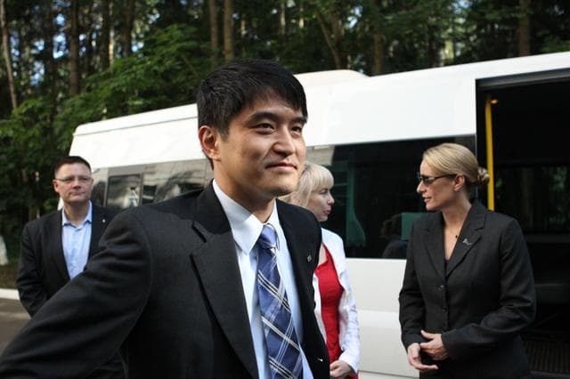 ISS Expedition 48-49 crewmember Takuya Onishi of the Japan Aerospace Exploration Agency departs the Gagarin Cosmonaut Training Center in Star City, Russia June 24 for his launch site at the Baikonur Cosmodrome in Kazakhstan and final pre-launch training. In the background on the right is crewmate Kate Rubins of NASA. Rubins, Anatoly Ivanishin of Roscosmos and Onishi will launch July 7 from the Baikonur Cosmodrome in Kazakhstan on the Soyuz MS-01 spacecraft for a planned four-month mission on the International Space Station...NASA/Stephanie Stoll.