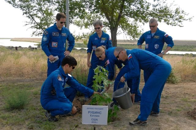NASA image: At the Cosmonaut Hotel in Baikonur, Kazakhstan, Expedition 48-49 crewmember Kate Rubins of NASA (front row, center) helps to plant a tree in her name in traditional pre-launch activities June 30 with the assistance of prime crewmates Takuya Onishi of the Japan Aerospace Exploration Agency (front row, left) and Anatoly Ivanishin of Roscosmos (front row, right). Looking on are backup crewmembers Thomas Pesquet of the European Space Agency (standing, left), Peggy Whitson of NASA (standing, center) and Oleg Novitskiy (standing, right). Rubins, Ivanishin and Onishi will launch July 7, Baikonur time, on the Soyuz MS-01 spacecraft for a planned four-month mission on the International Space Station...NASA/Alexander Vysotsky.