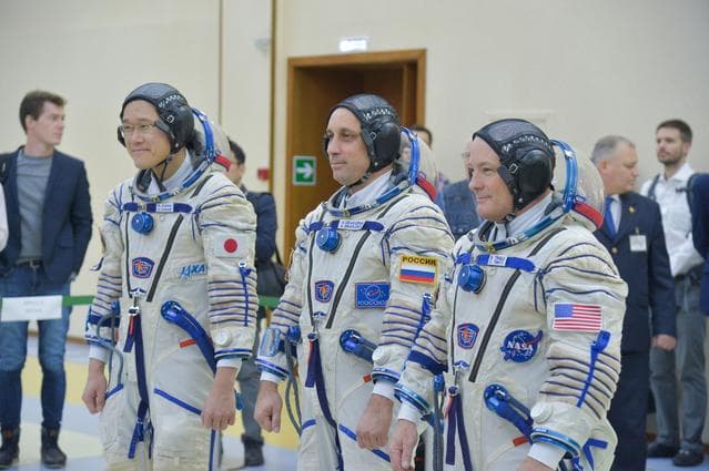 NASA image: jsc2017e135199 - At the Gagarin Cosmonaut Training Center in Star City, Russia, Expedition 54-55 prime crewmembers Norishige Kanai of the Japan Aerospace Exploration Agency (JAXA, left), Anton Shkaplerov of the Russian Federal Space Agency (Roscosmos, cen