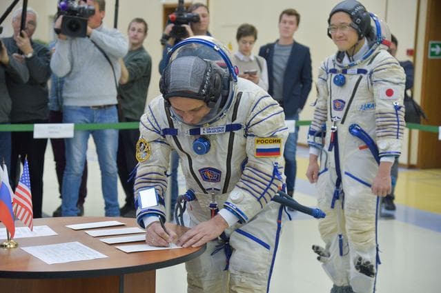 NASA image: jsc2017e135200 - At the Gagarin Cosmonaut Training Center in Star City, Russia, Expedition 54-55 prime crewmember Anton Shkaplerov of the Russian Federal Space Agency (Roscosmos) signs in for the start of the crew’s final qualification exam activities N