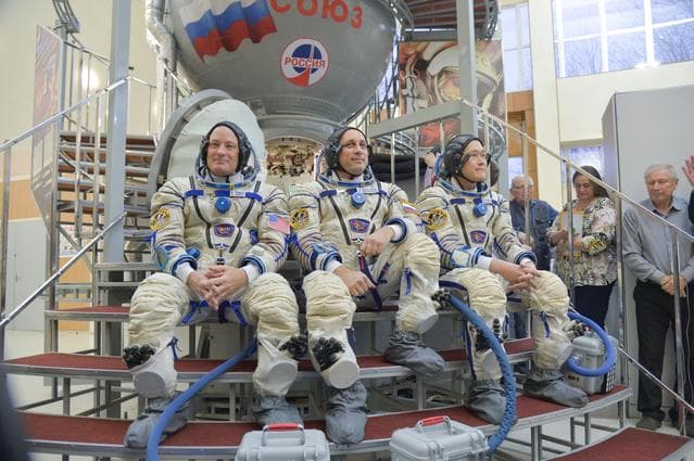 NASA image: jsc2017e135204 - At the Gagarin Cosmonaut Training Center in Star City, Russia, Expedition 54-55 prime crewmembers Scott Tingle of NASA (left) Anton Shkaplerov of the Russian Federal Space Agency (Roscosmos, center) and Norishige Kanai of the Japan Aerosp