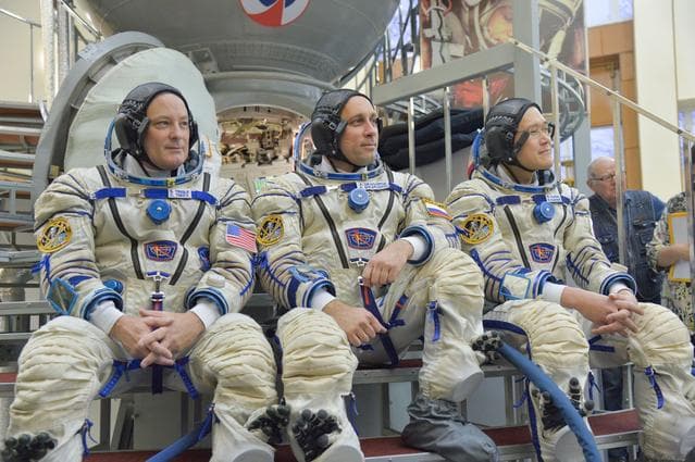 NASA image: jsc2017e135205 - At the Gagarin Cosmonaut Training Center in Star City, Russia, Expedition 54-55 prime crewmembers Scott Tingle of NASA (left) Anton Shkaplerov of the Russian Federal Space Agency (Roscosmos, center) and Norishige Kanai of the Japan Aerosp