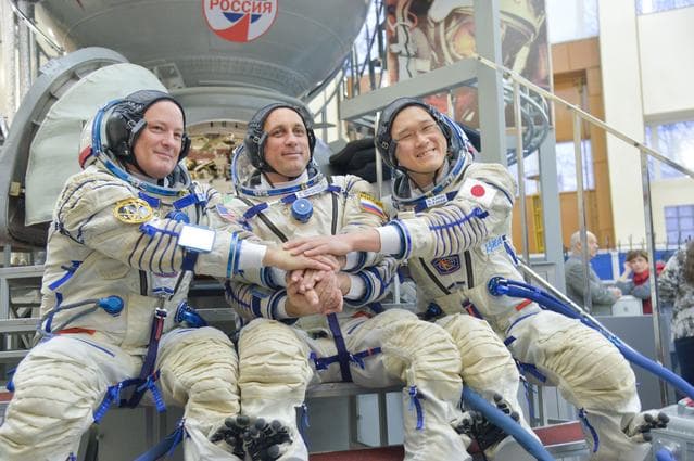 NASA image: jsc2017e135208 - At the Gagarin Cosmonaut Training Center in Star City, Russia, Expedition 54-55 prime crewmembers Scott Tingle of NASA (left) Anton Shkaplerov of the Russian Federal Space Agency (Roscosmos, center) and Norishige Kanai of the Japan Aerosp