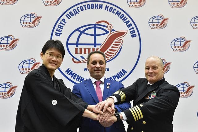 NASA image: jsc2017e136053 - At the Gagarin Cosmonaut Training Center in Star City, Russia, Expedition 54-55 prime crewmembers Norishige Kanai of the Japan Aerospace Exploration Agency (JAXA, left), Anton Shkaplerov of the Russian Federal Space Agency (Roscosmos, cen