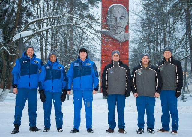 NASA image: jsc2017e136100 - At the Gagarin Cosmonaut Training Center in Star City, Russia, Expedition 54-55 backup and prime crewmembers pose for pictures Dec. 4 prior to their departure for their launch site at the Baikonur Cosmodrome in Kazakhstan. From left to ri