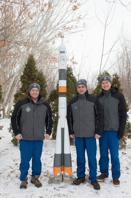 NASA image: jsc2017e137343 - At their Cosmonaut Hotel crew quarters in Baikonur, Kazakhstan, Expedition 54-55 prime crewmembers Scott Tingle of NASA (left), Anton Shkaplerov of the Russian Federal Space Agency (Roscosmos, center) and Norishige Kanai of the Japan Aero