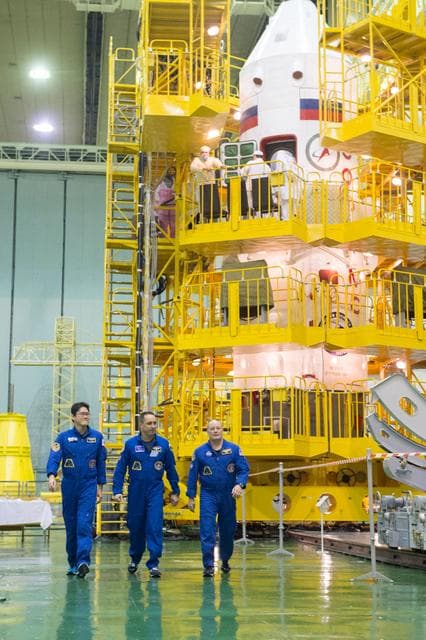 NASA image: jsc2017e138115 - At the Integration Facility at the Baikonur Cosmodrome in Kazakhstan, Expedition 54-55 prime crewmembers Norishige Kanai of the Japan Aerospace Exploration Agency (JAXA, left), Anton Shkaplerov the Russian Federal Space Agency (Roscosmos,