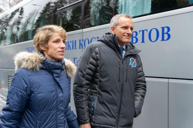 NASA image: jsc2018e097269 - At the Gagarin Cosmonaut Training Center in Star City, Russia, Expedition 58 crewmember David Saint-Jacques of the Canadian Space Agency (right) walks with his wife, Veronique, to a waiting bus Nov. 19 that will take him and his crewmates