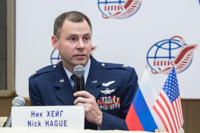 NASA image: jsc2019e004418 - At the Gagarin Cosmonaut Training Center in Star City, Russia, Expedition 59 crewmember Nick Hague of NASA answers a reporterâ€™s question Feb. 21 during a pre-launch news conference. Hague, Christina Koch of NASA and Alexey Ovchinin of R