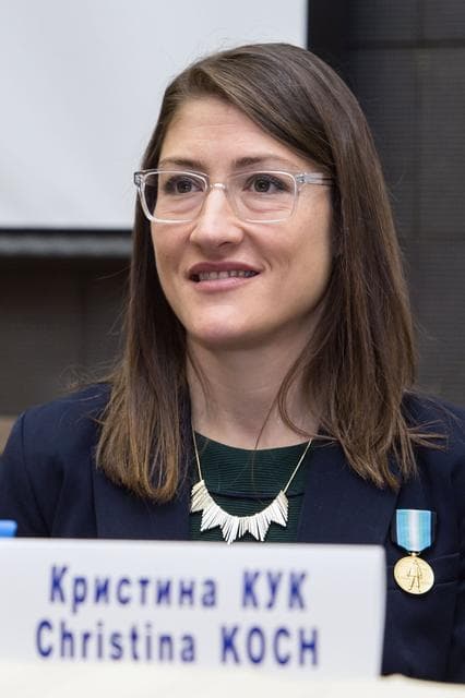 NASA image: jsc2019e004419 - At the Gagarin Cosmonaut Training Center in Star City, Russia, Expedition 59 crewmember Christina Koch of NASA listens to a reporterâ€™s question Feb. 21 during a pre-launch news conference. Koch, Nick Hague of NASA and Alexey Ovchinin of