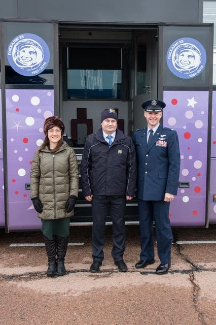 NASA image: jsc2019e007202 - Expedition 59 crewmembers Christina Koch of NASA (left), Alexey Ovchinin of Roscosmos (center) and Nick Hague of NASA (right) pose for pictures Feb. 26 after arriving at the Baikonur Cosmodrome in Kazakhstan for final pre-launch training 