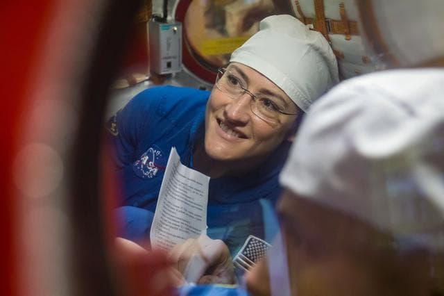 NASA image: jsc2019e009943 - At the Baikonur Cosmodrome in Kazakhstan, Expedition 59 crewmember Christina Koch of NASA works inside the Soyuz MS-12 spacecraft Feb. 27 during pre-launch training. Koch, Alexey Ovchinin of Roscosmos and Nick Hague of NASA (right) will l