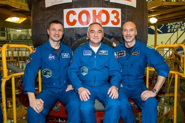 NASA image: jsc2019e009945 - At the Baikonur Cosmodrome in Kazakhstan, Expedition 59 crewmember Nick Hague of NASA works inside the Soyuz MS-12 spacecraft Feb. 27 during pre-launch training. Hague, Christina Koch of NASA and Alexey Ovchinin of Roscosmos will launch M