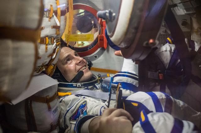 NASA image: jsc2019e009957 - At the Baikonur Cosmodrome in Kazakhstan, Expedition 59 crewmember Nick Hague of NASA works inside the Soyuz MS-12 spacecraft Feb. 27 during pre-launch training. Hague, Christina Koch of NASA and Alexey Ovchinin of Roscosmos will launch M