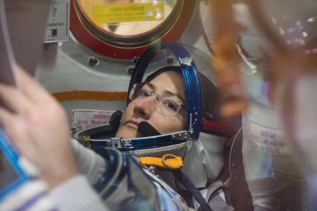 NASA image: jsc2019e009959 - At the Baikonur Cosmodrome in Kazakhstan, Expedition 59 crewmember Christina Koch of NASA works inside the Soyuz MS-12 spacecraft Feb. 27 during pre-launch training. Koch, Alexey Ovchinin of Roscosmos and Nick Hague of NASA (right) will l
