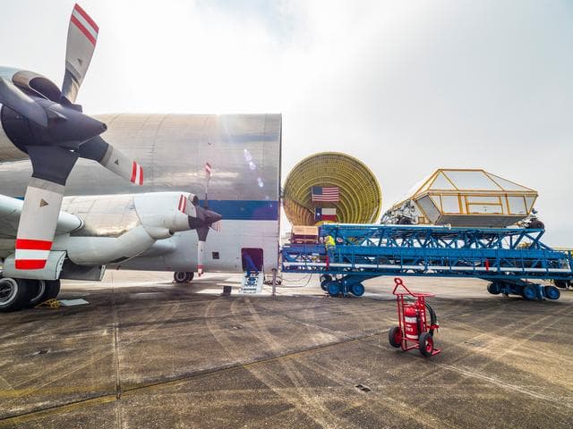 NASA image: Orion is loaded on Super Guppy