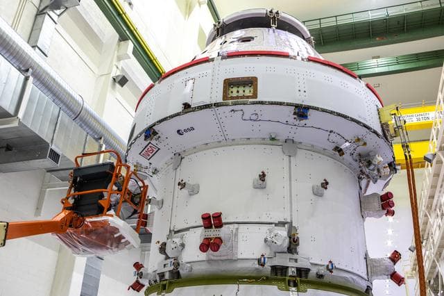 NASA image: NASA and ESA logo installation on Artemis I spacecraft