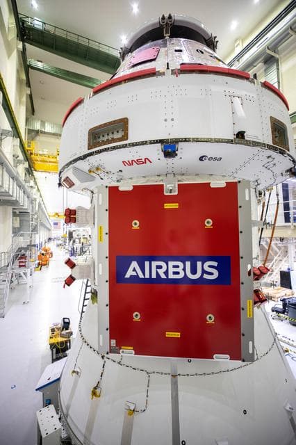 NASA image: NASA and ESA logo installation on Artemis I spacecraft