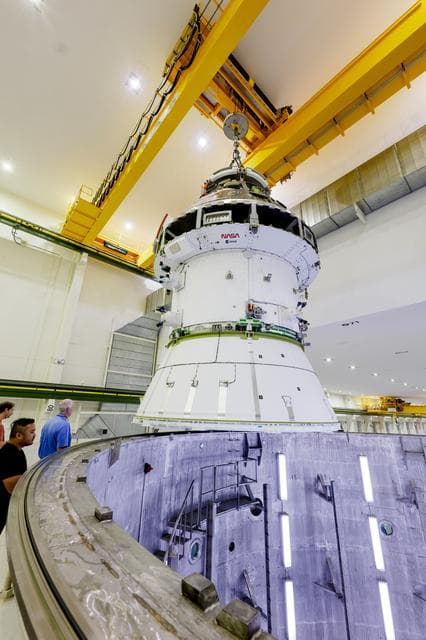 NASA image: Artemis II Orion Spacecraft Lifted into Vacuum Chamber for Second Round of Testing