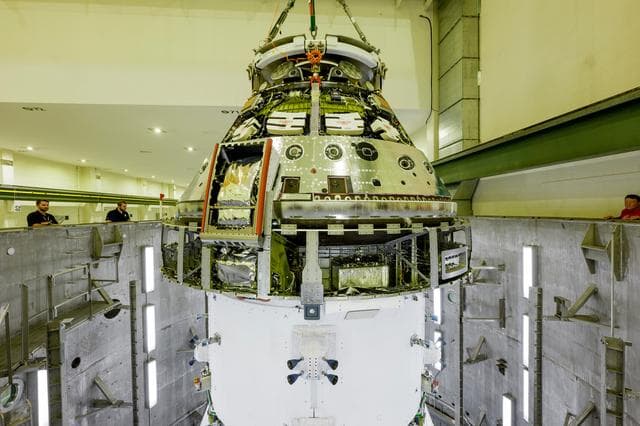 NASA image: Artemis II Orion Spacecraft Lifted into Vacuum Chamber for Second Round of Testing