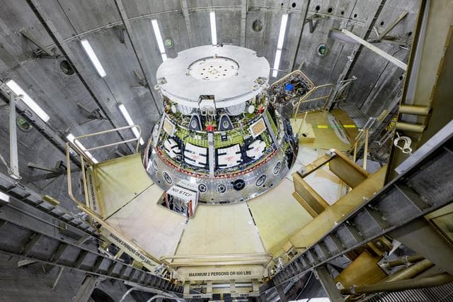 NASA image: Artemis II Orion Spacecraft Lifted into Vacuum Chamber for Second Round of Testing