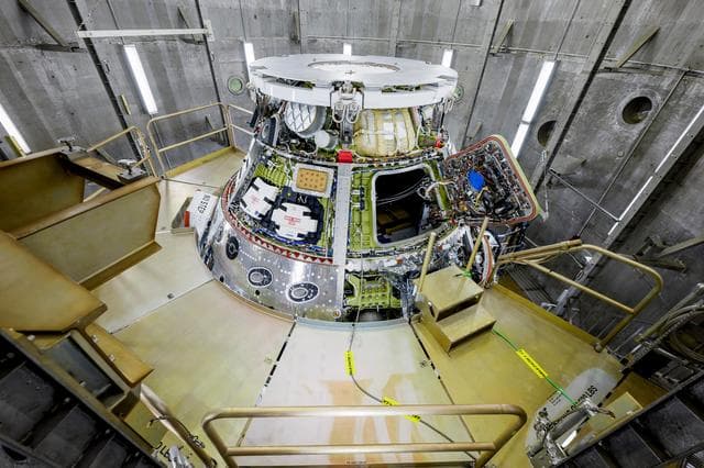 NASA image: Artemis II Orion Spacecraft Lifted into Vacuum Chamber for Second Round of Testing