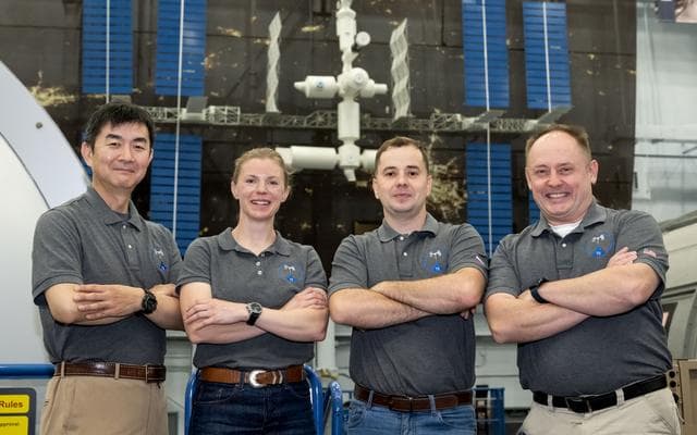 NASA image: NASA’s SpaceX Crew-11 crew poses for a portrait at the Space Vehicle Mockup Facility