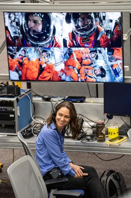 NASA image: The Artemis II crew’s Chief Training Officer Jacki Mahaffey smiles during Post Insertion and Deorbit Preparation training
