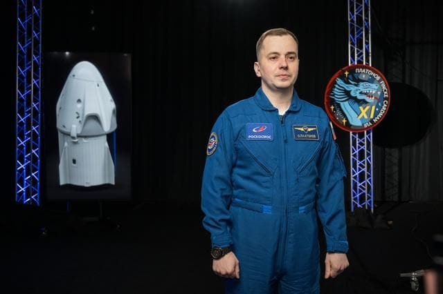 NASA image: Roscosmos cosmonaut Oleg Platonov poses for a photo during an interview