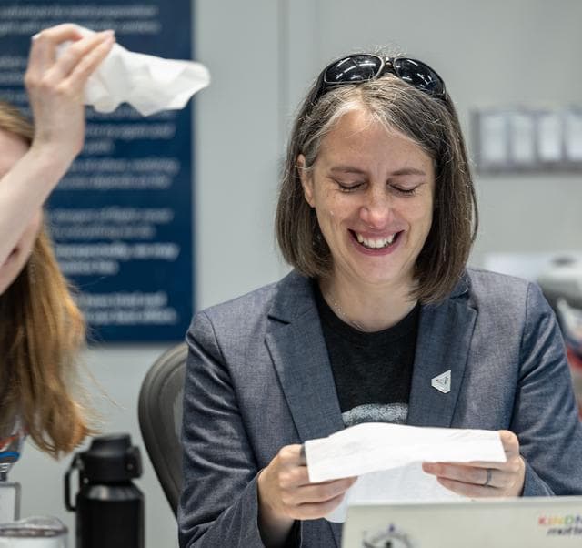 NASA image: Artemis curation lead, Juliane Gross, reacts to the astronauts' verbal observations of the Moon -- jsc2026e020758