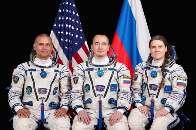 NASA image: Soyuz MS-29 prime crew members pose for a portrait