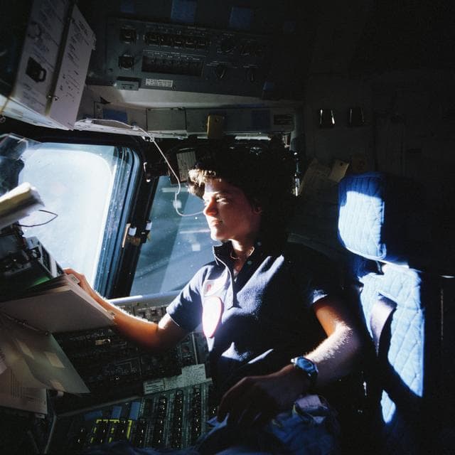 NASA image: STS-7 crew on aft flight deck during proximity operations