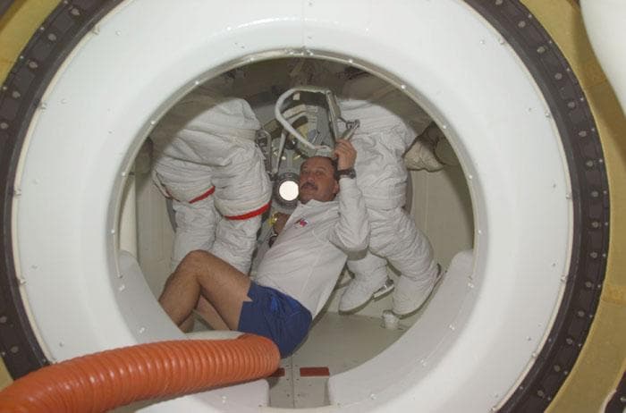 NASA image: Usachev in orbiter airlock
