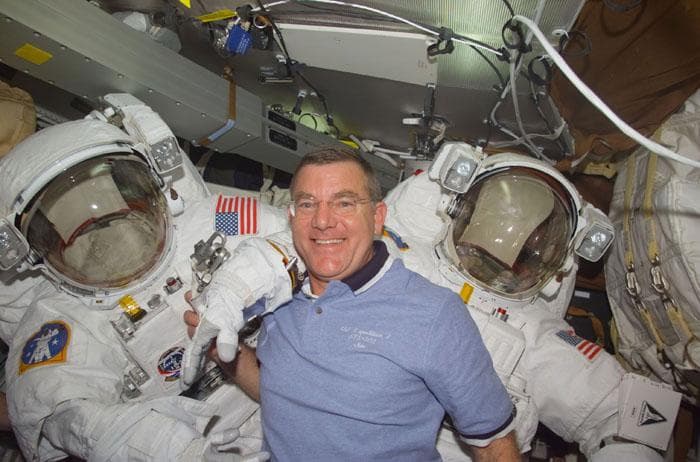 NASA image: Voss with his EMU suit in the middeck