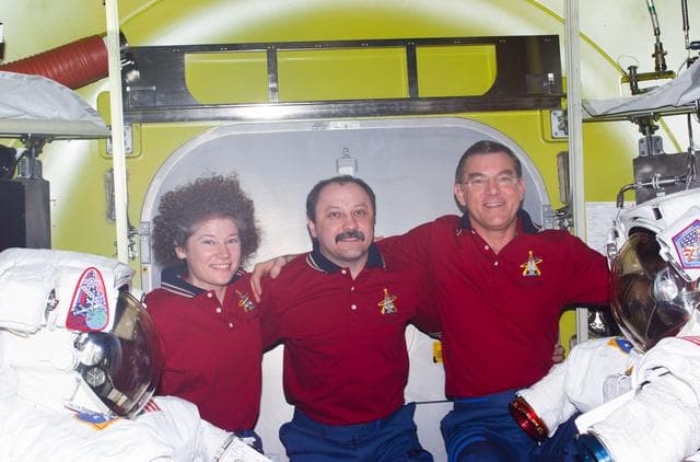 NASA image: Expedition Two Crew photo in Quest airlock