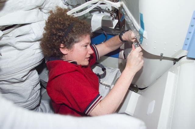 NASA image: Expedition Two Helms in Quest airlock
