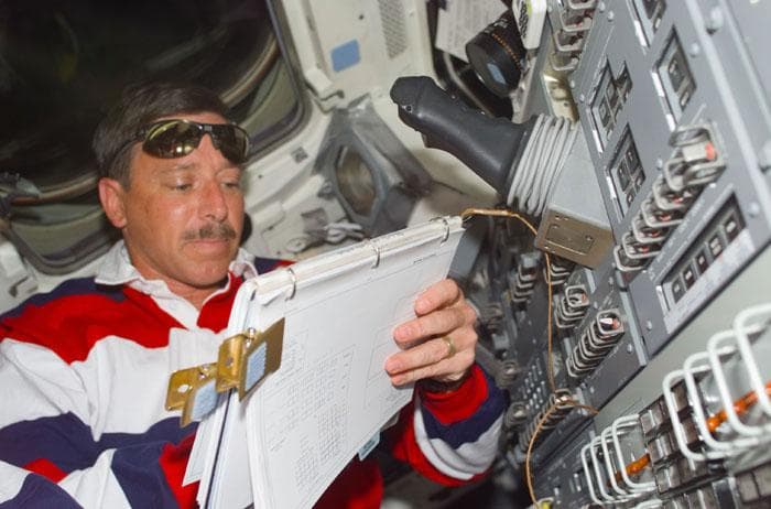 NASA image: Horowitz at the aft flight deck during rendezvous ops
