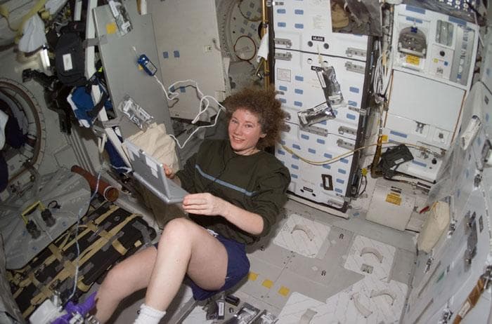 NASA image: Helms exercises on the middeck ergometer