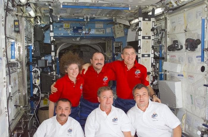 NASA image: Expeditions Two and Three group crew portrait in ISS U.S. Laboratory/Destiny