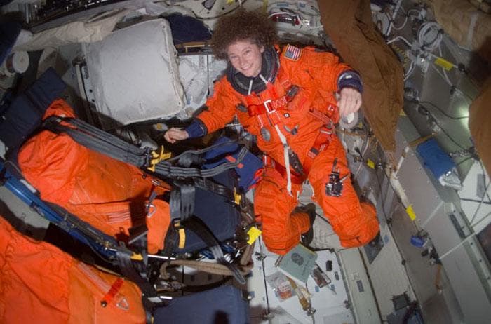 NASA image: Helms wearing her LES suit in the middeck