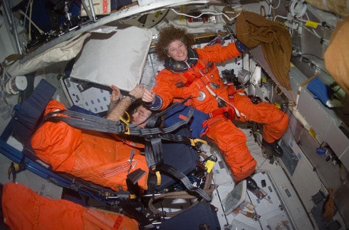 NASA image: Helms wearing her LES suit in the middeck