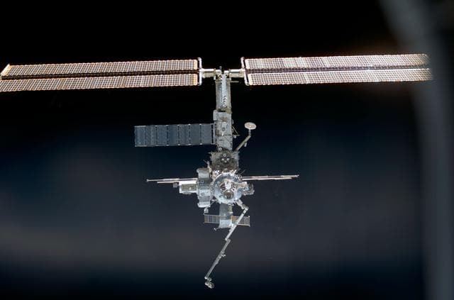 NASA image: Full view of the ISS taken during STS-110's docking approach