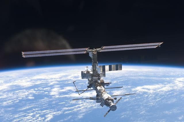NASA image: Aft - zenith view of the ISS taken during STS-110's undocking and final flyaround