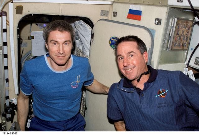 NASA image: Krikalev and Robinson in Zvezda