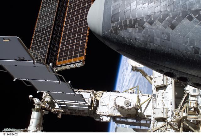 NASA image: P6 Truss solar array, SABB and PV Radiator  seen during EVA 3