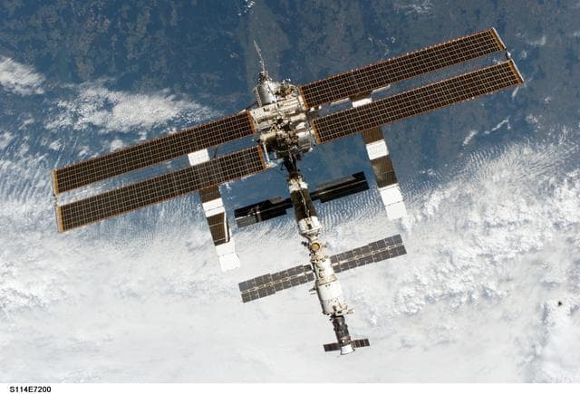 NASA image: Zenith view of the ISS taken during STS-114's undocking and final flyaround